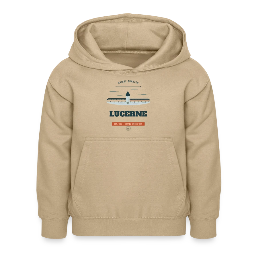 Lucerne badge on a kids hoodie, sand