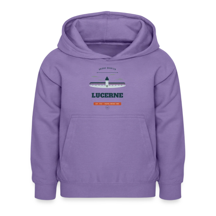 Lucerne badge on a kids hoodie, lavender