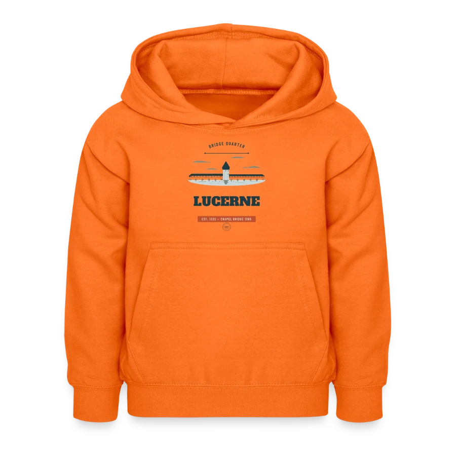 Lucerne badge on a kids hoodie, orange