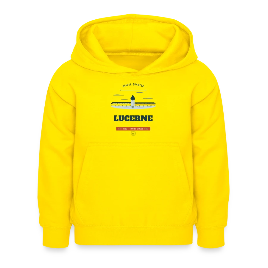 Lucerne badge on a kids hoodie, yellow