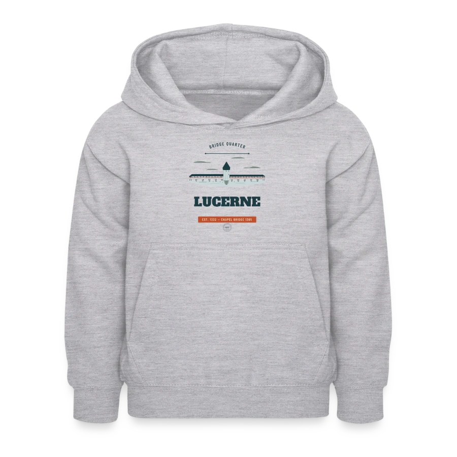 Lucerne badge on a kids hoodie, light heather grey
