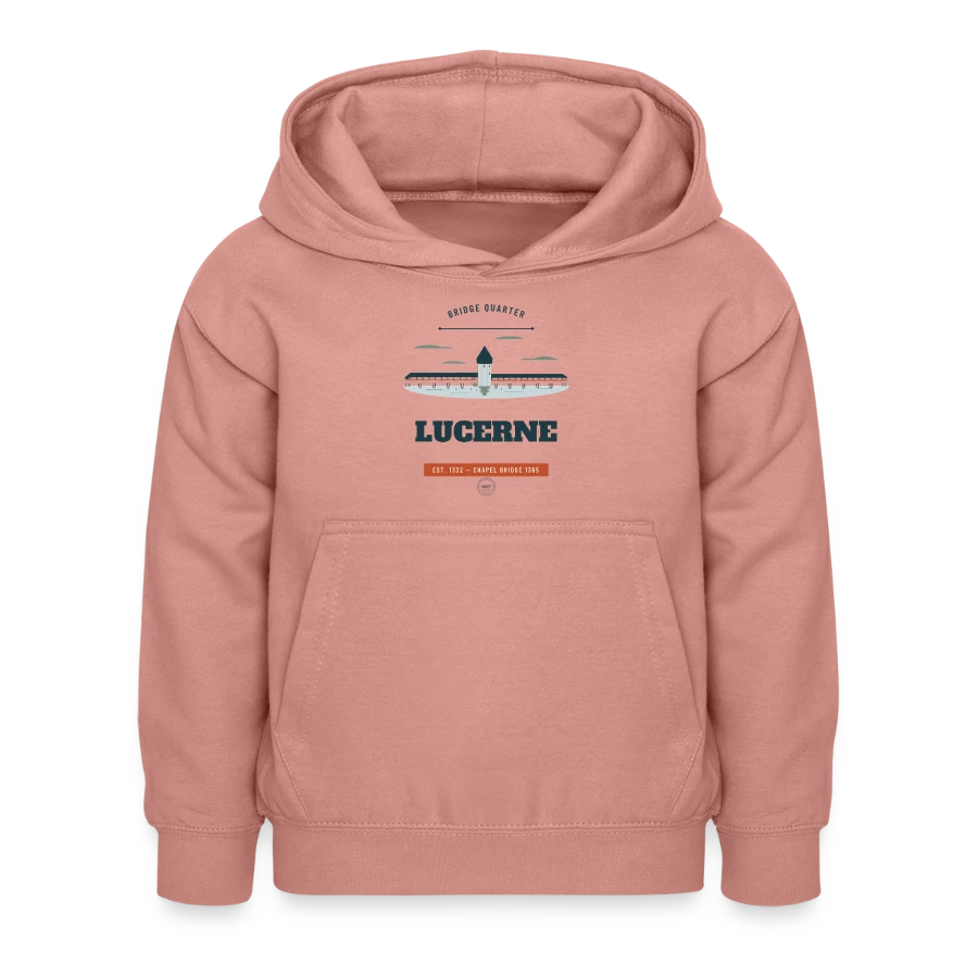 Lucerne badge on a kids hoodie, dusky rose