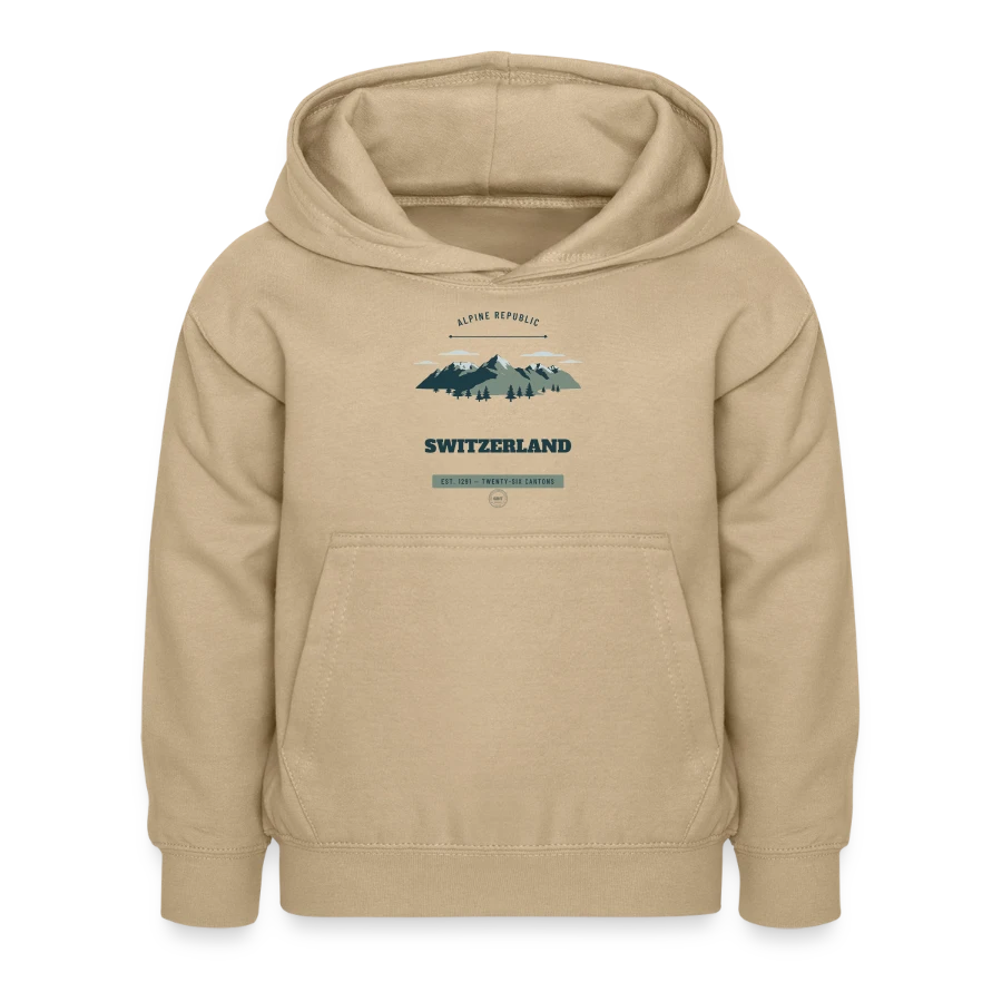 Switzerland badge on a kids hoodie, sand