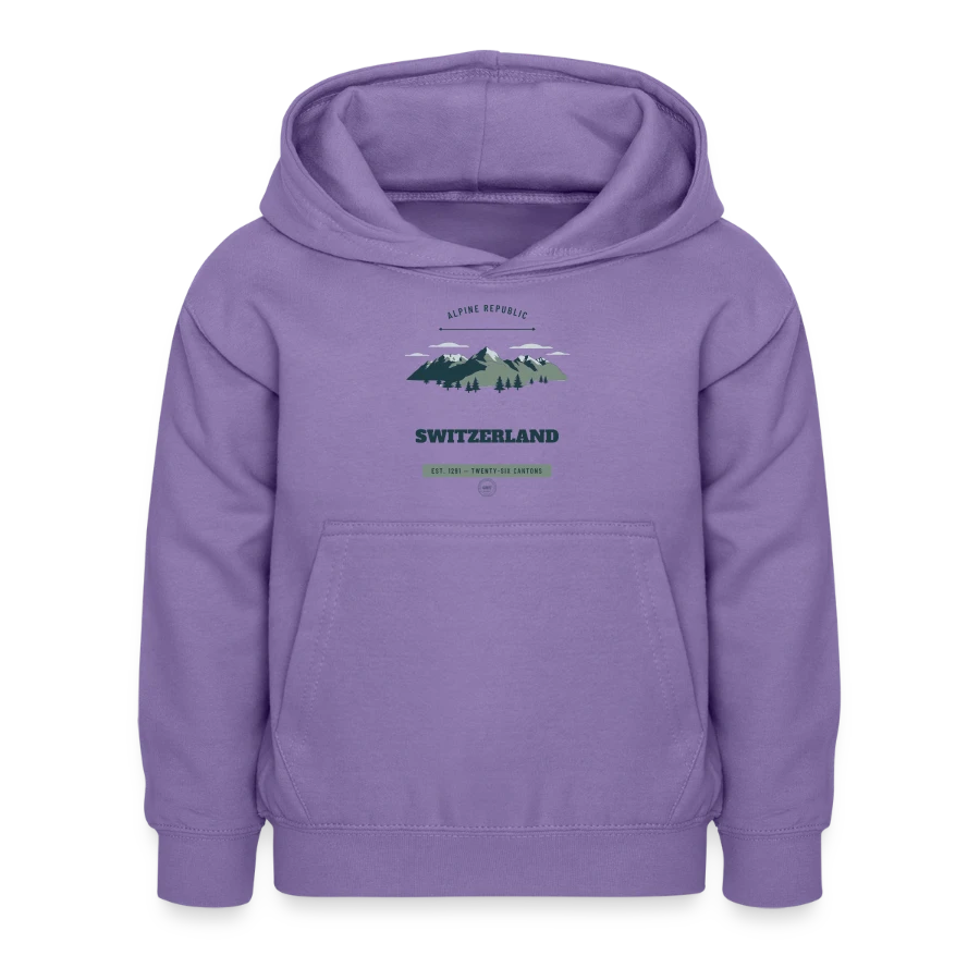 Switzerland badge on a kids hoodie, lavender