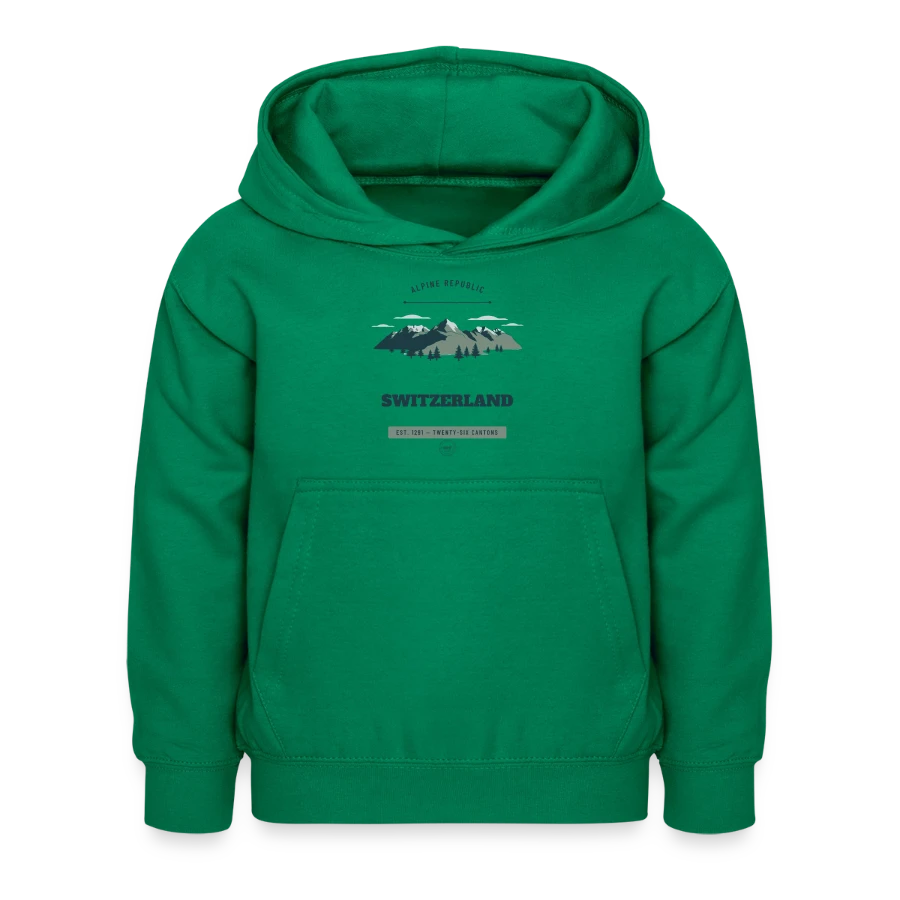 Switzerland badge on a kids hoodie, kelly green