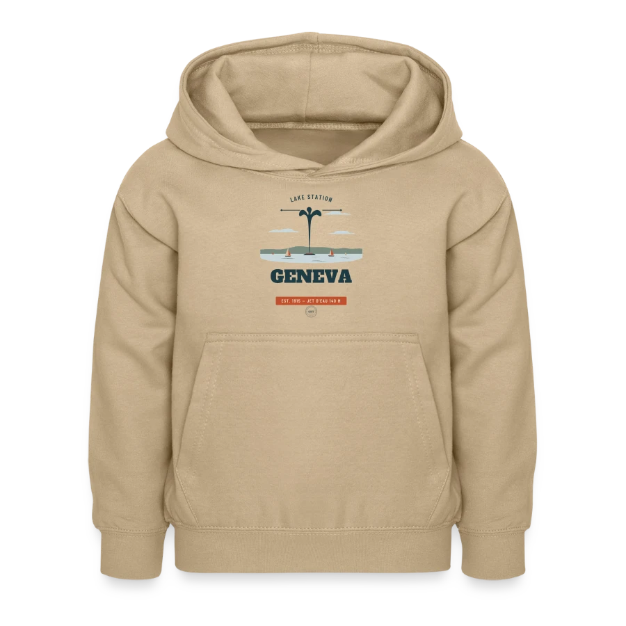 Geneva badge on a kids hoodie, sand