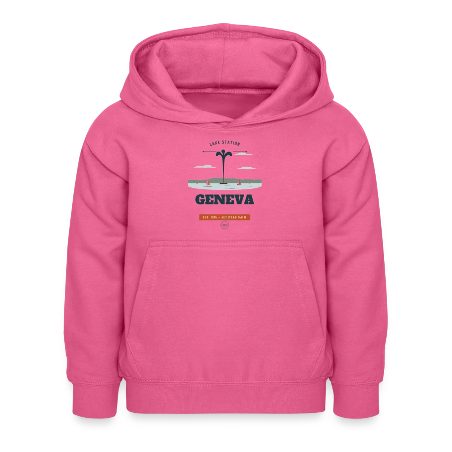 Geneva badge on a kids hoodie, pink