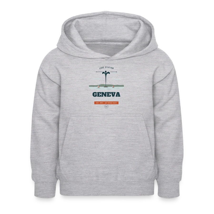 Geneva badge on a kids hoodie, light heather grey