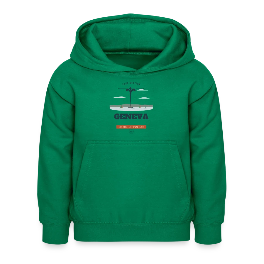 Geneva badge on a kids hoodie, kelly green