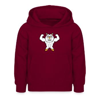Owl Bodybuilder Muscles Biceps Poses Gym Rat Cool - Kids Hoodie - bordeaux - Front - AI Model Kid Female (0cm)