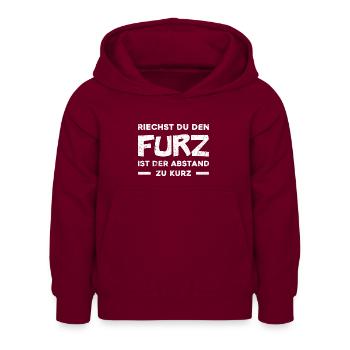 Riechst du den Furz, ist der Abstand zu kurz - Kinder Hoodie - Bordeaux - Vorne - AI Model Kid Female (0cm)