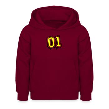 01 eins nummer - Kinder Hoodie - Bordeaux - Vorne - AI Model Kid Female (0cm)