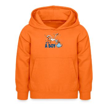 Storch mit dem kleinen Jungen; "Es ist ein Junge" - Kinder Hoodie - Orange - Vorne - AI Model Kid Female (0cm)