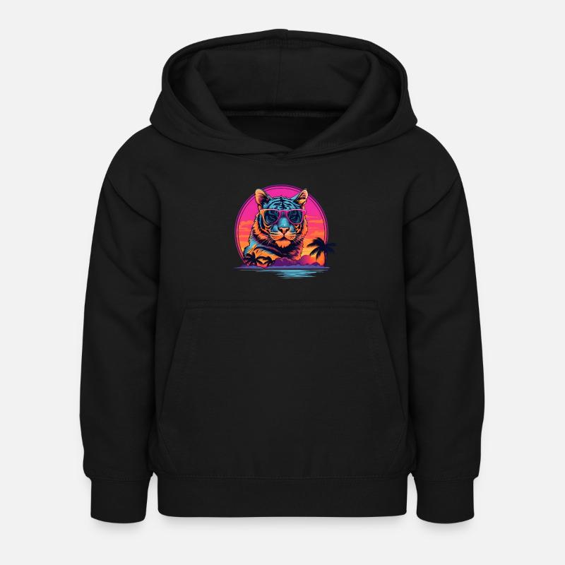 Synthwave Tiger Sunset - Kids Hoodie - black