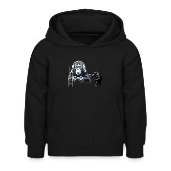 GRAFFITI BANKSY STYLE - CHIMP PLAYING COMPUTER GAM - Kids Hoodie - black - Front - AI Model Kid Female (0cm)