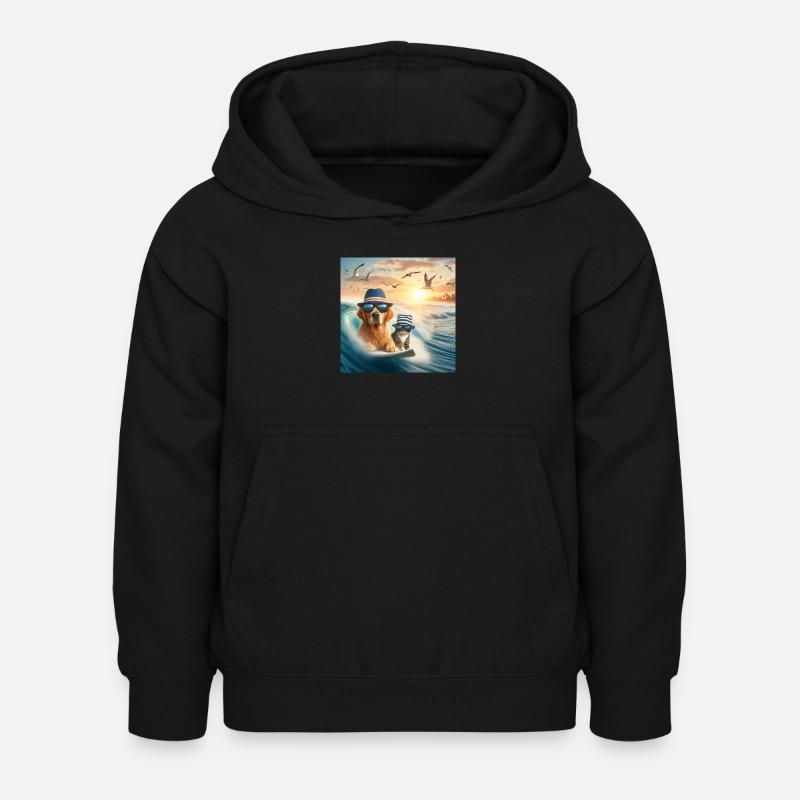 chient et chat surfeur - Sweat à capuche Enfant - noir
