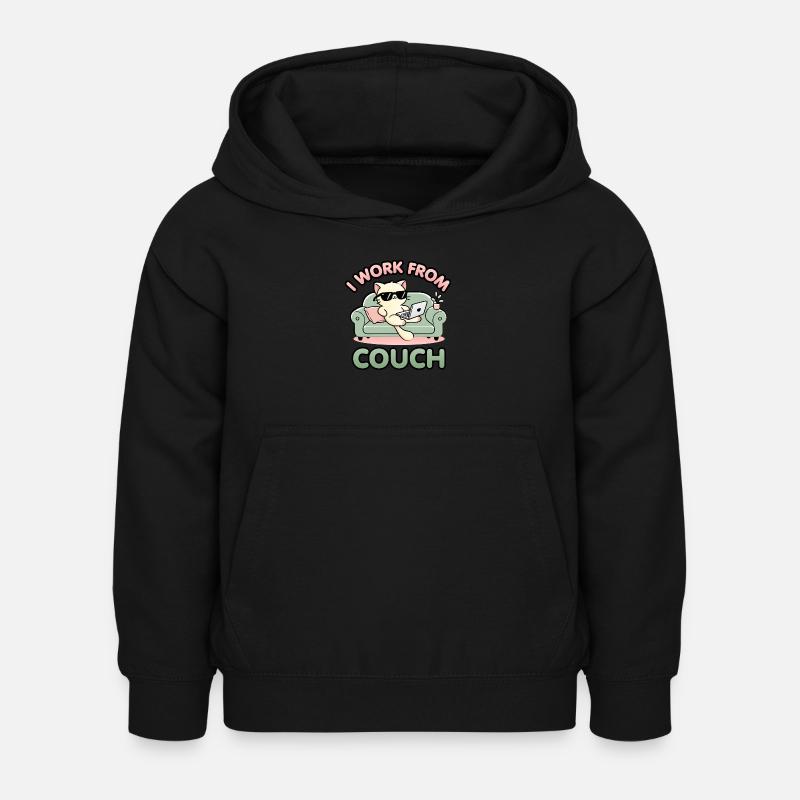 I Work From Couch – Lazy Cat Remote Worker Design - Kids Hoodie - black