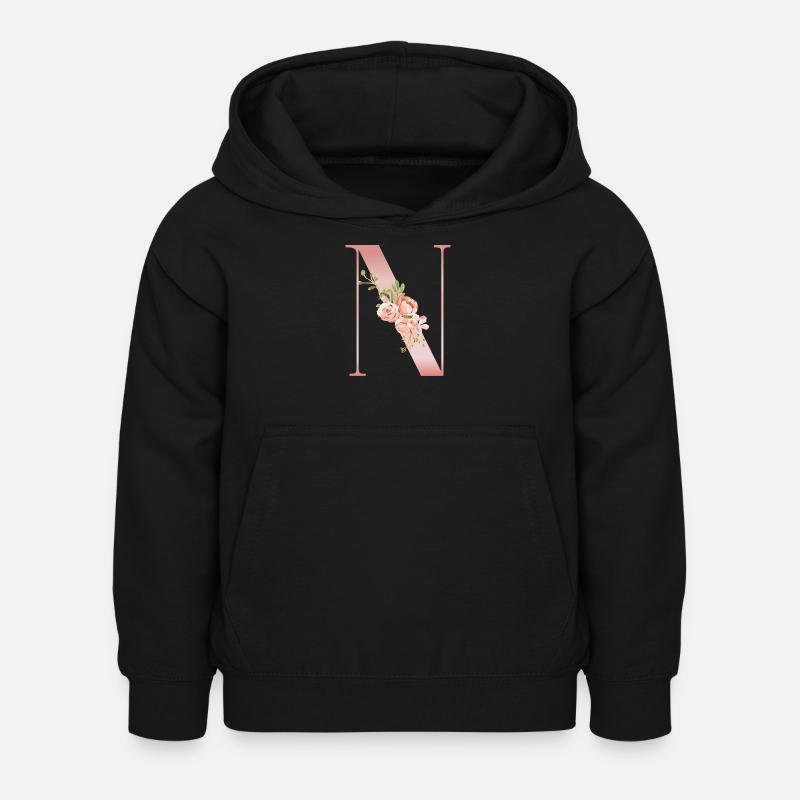 Lettrine N Florale Rose Doux - Sweat à capuche Enfant - noir