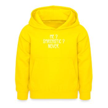 Ich? Sarkastisch? Nie. - Kinder Hoodie - Gelb - Vorne - AI Model Kid Female (0cm)