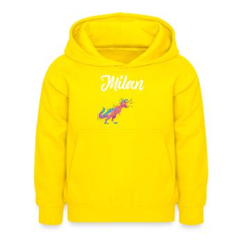 MILAN - Beau prénom de garçon avec dinosaure - Sweat à capuche Enfant - jaune - Devant - AI Model Kid Female (0cm)