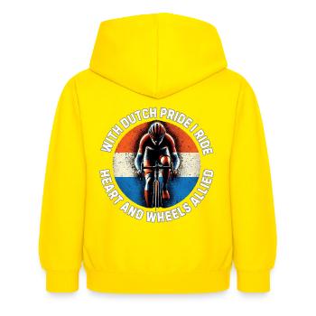 Dutch Pride Cycling mit Slogan Radtrikot-Design - Kinder Hoodie - Gelb - Hinten - AI Model Kid Female (0cm)