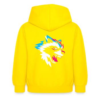 Neon Wolf Kopf – Aggressives Gaming Design - Kinder Hoodie - Gelb - Hinten - AI Model Kid Female (0cm)