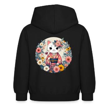 Kimono Katze mit Blumen - Kinder Hoodie - Schwarz - Hinten - AI Model Kid Female (0cm)