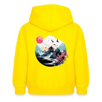 Japanese Mountain, Water & Pagoda Scene - Kids Hoodie - yellow - Back - AI Model Kid Female (0cm)