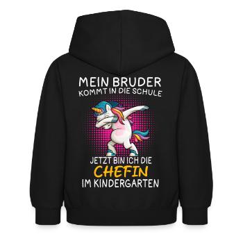 Mein Bruder kommt in die Schule jetzt bin ich die - Kinder Hoodie - Schwarz - Hinten - AI Model Kid Female (0cm)