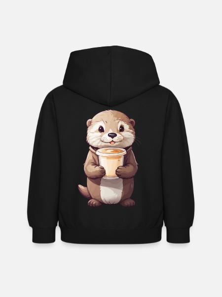 Otter Kaffeezeit Süßes Kaffee Tierdesign - Kinder Hoodie - Schwarz