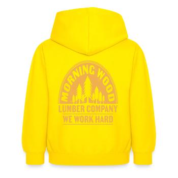 Morning Wood Lumber Company Wir arbeiten hart - Kinder Hoodie - Gelb - Hinten - AI Model Kid Female (0cm)