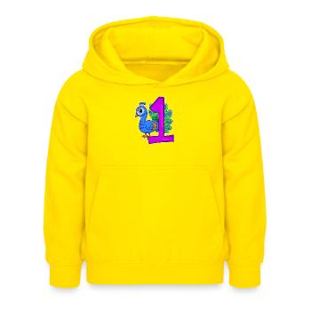 Zahl 1 Nummer Eins - Blauer Pfau Motiv - Kinder Hoodie - Gelb - Vorne - AI Model Kid Female (0cm)