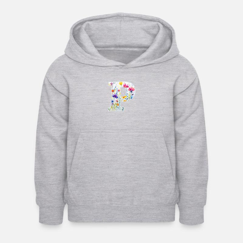 Buchstabe P, Monogramm, Blumenmuster - Kinder Hoodie - Hellgrau meliert
