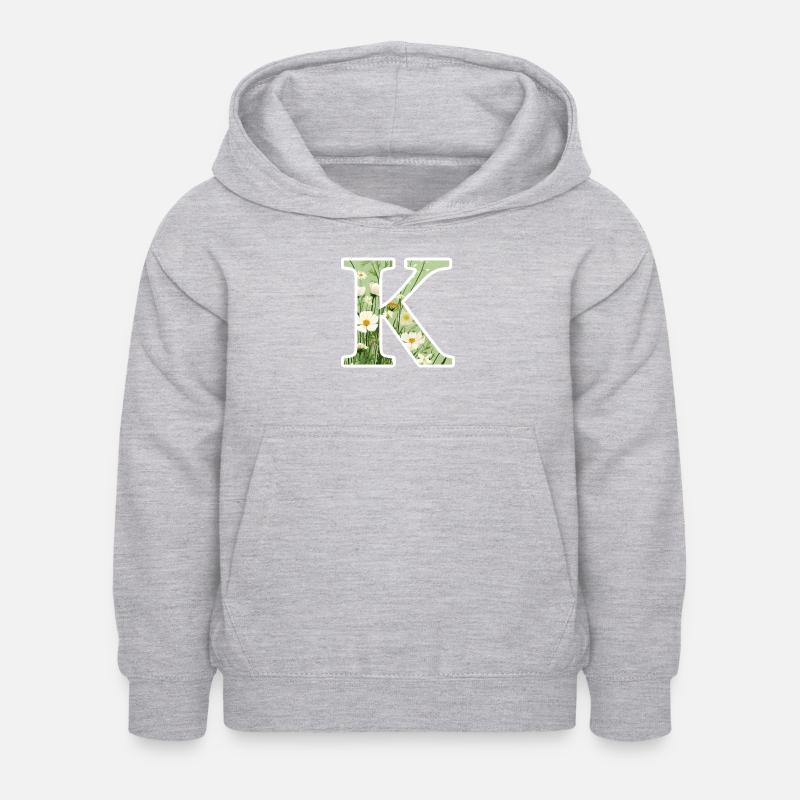 Buchstabe K, Monogramm, Blumenmuster - Kinder Hoodie - Hellgrau meliert
