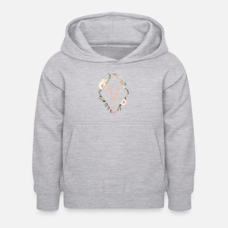V Monogramm , Floral, Boho - Kinder Hoodie - Hellgrau meliert