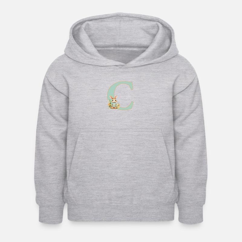 Lettre C, Monogramme, Fleurs, Lapin - Sweat à capuche Enfant - gris clair chiné