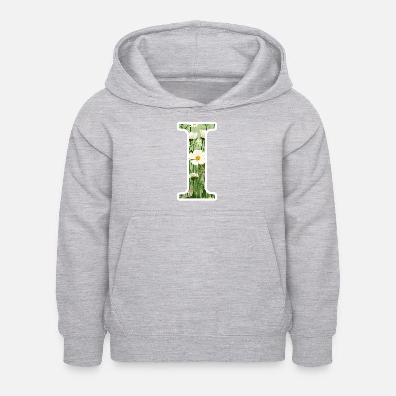 Buchstabe I, Monogramm, Blumenmuster - Kinder Hoodie - Hellgrau meliert