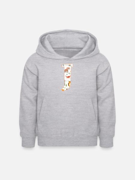 Buchstabe J, Monogramm, Tiermuster - Kinder Hoodie - Hellgrau meliert