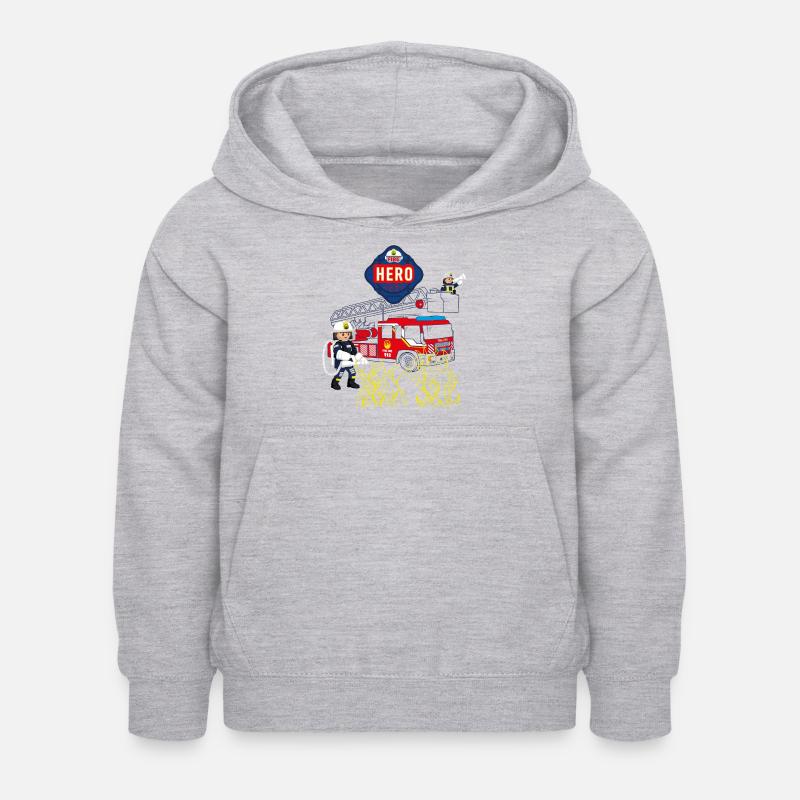 Diseño de bomberos Playmobil con camión de bomberos - Sudadera con capucha para niños - gris claro jaspeado