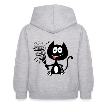 Katze isst einen Burger! Katzenhumor! - Kinder Hoodie - Hellgrau meliert - Hinten - AI Model Kid Female (0cm)
