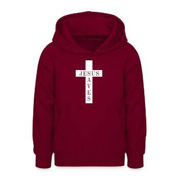 Kreuz mit dem Satz Jesus rettet - Teenager Hoodie - Bordeaux - Vorne - AI Model Teenager Male light (155cm)