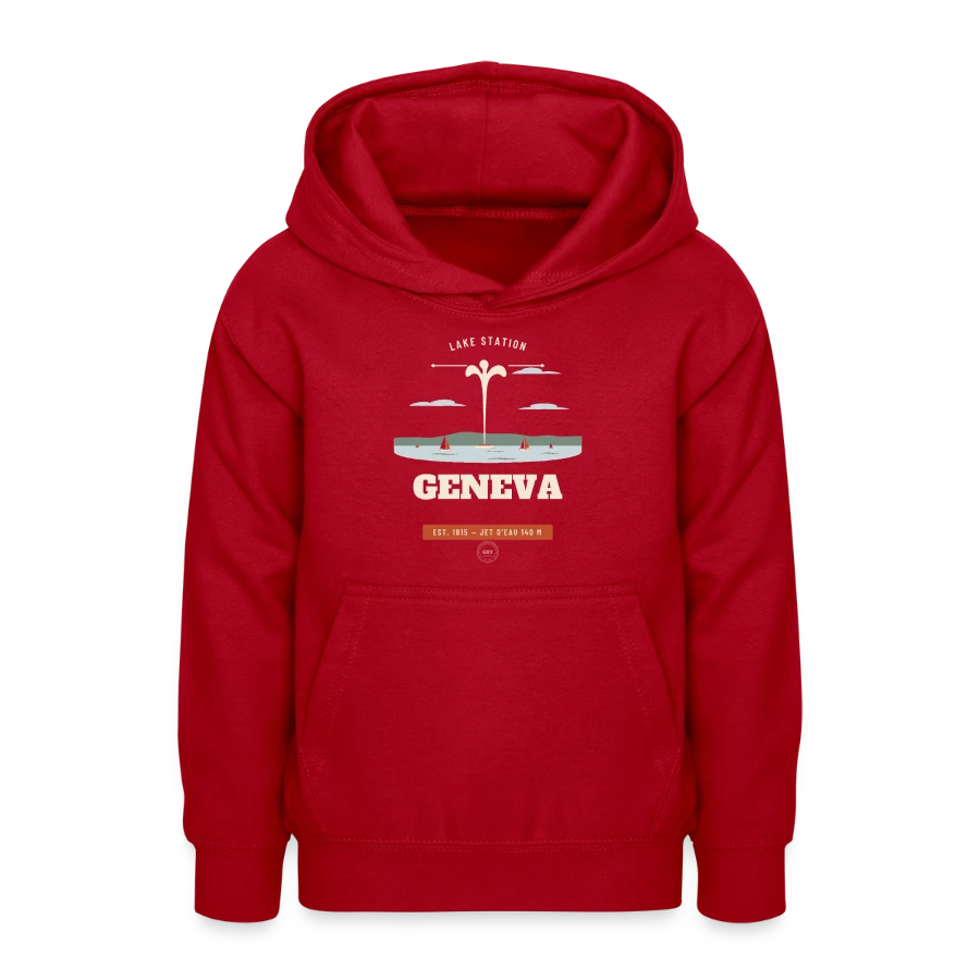 Geneva badge on a teen hoodie, red