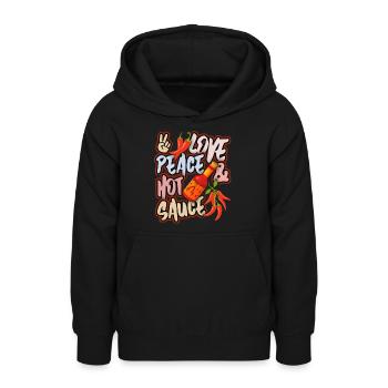 Pepperoni, sauce piquante au poivre, paix et amour - Sweat à capuche Ado - noir - Devant - AI Model Teenager Male light (155cm)