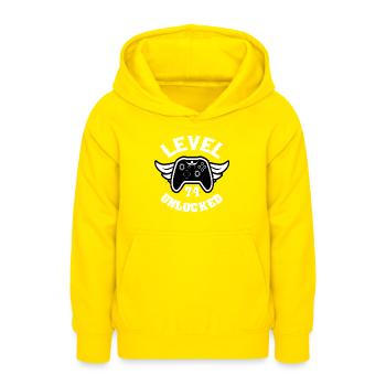 Level 74 Unlocked 74 Birthday - Teen Hoodie - yellow - Front - AI Model Teenager Male dark (155cm)