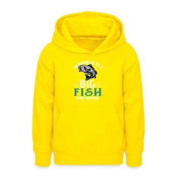 Idée cadeau de pêche à la ligne Le bonheur est un gros poisson - Sweat à capuche Ado - jaune - Devant - AI Model Teenager Male dark (155cm)