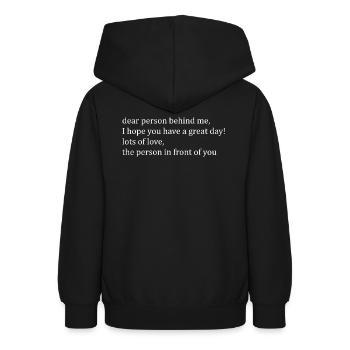 dear person behind me white lettering - Teenager Hoodie - Schwarz - Hinten - AI Model Teenager Male light (155cm)