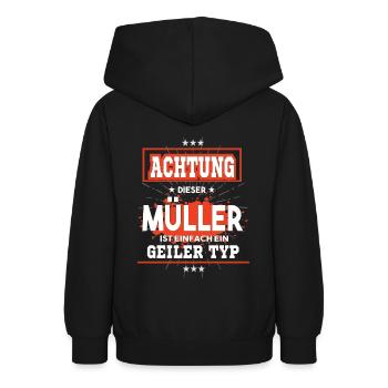 Müller, einfach ein geiler Typ - Teenager Hoodie - Schwarz - Hinten - AI Model Teenager Male light (155cm)