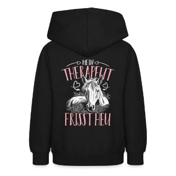 MEIN THERAPEUT FRISST HEU PFERDE REITEN REITERIN - Teenager Hoodie - Schwarz - Hinten - AI Model Teenager Male light (155cm)