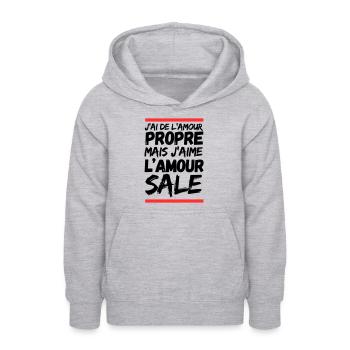 J’ai d’l’amour propre mais j’aime l’amour sale - Sweat à capuche Ado - gris clair chiné - Devant - AI Model Teenager Male dark (155cm)