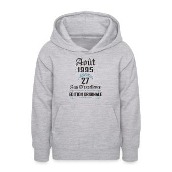 27 ans anniversaire aout 1995 - Sweat à capuche Ado - gris clair chiné - Devant - AI Model Teenager Male dark (155cm)